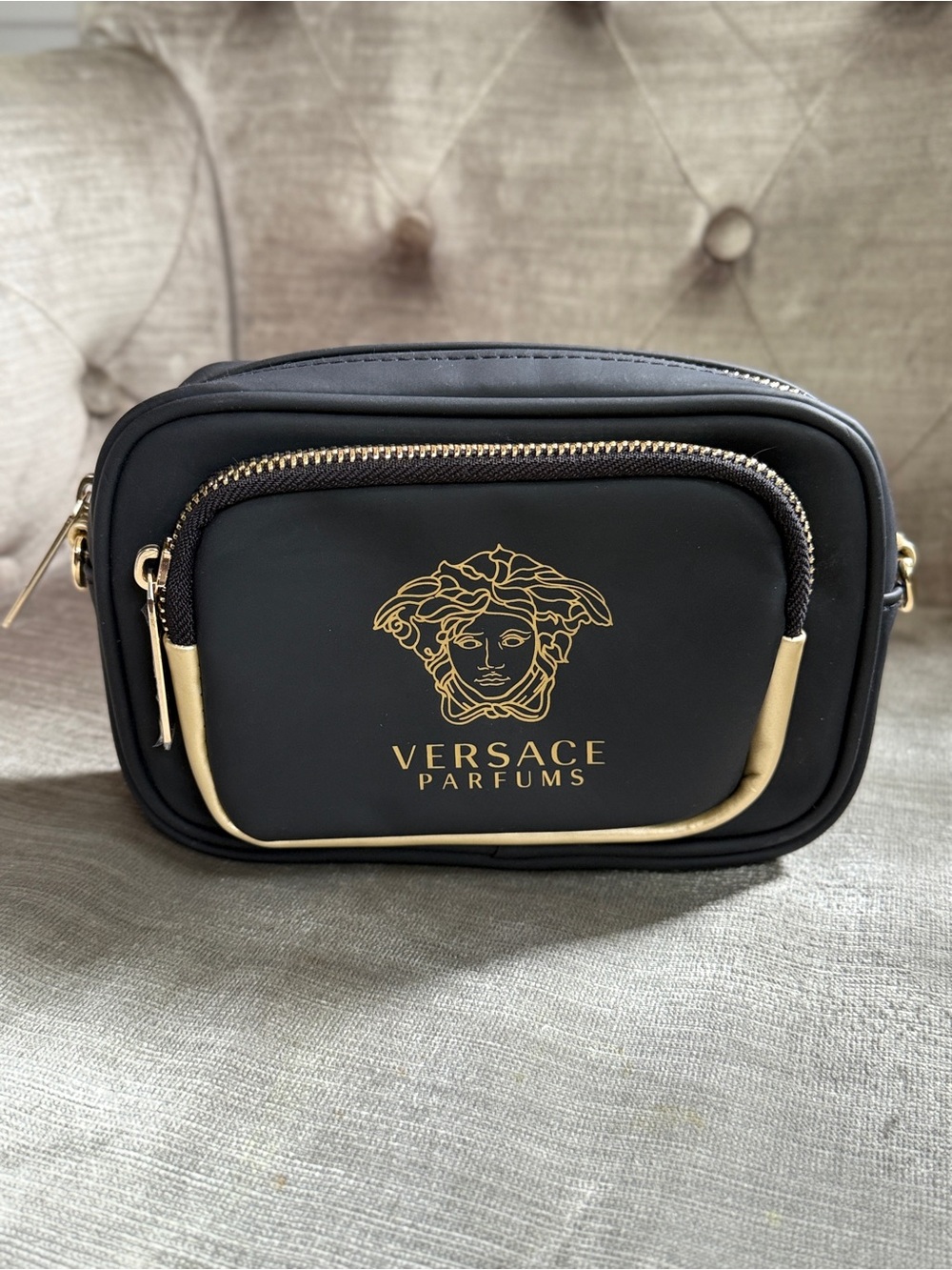 Versace Parfums Black Gold Medusa Logo Camera Crossbody Bag Pouch